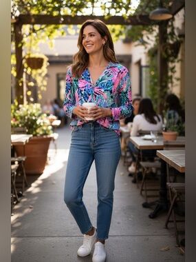 Lilly Pulitzer Pink, Blue & Green Printed V-Neck Long Sleeve Top Small